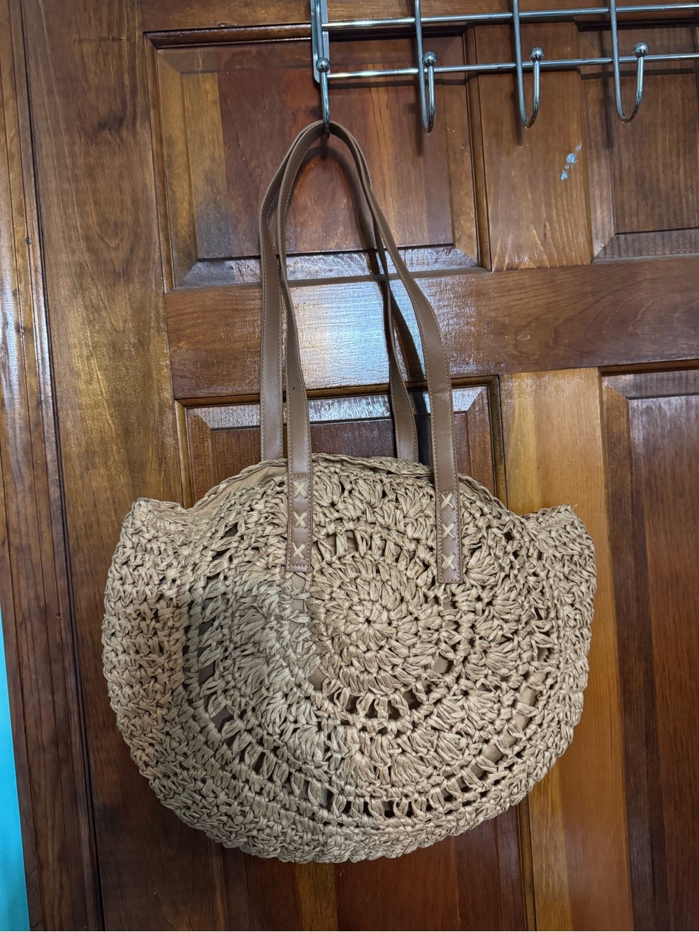 Boho Woven Round Tote Bag in Natural Tan